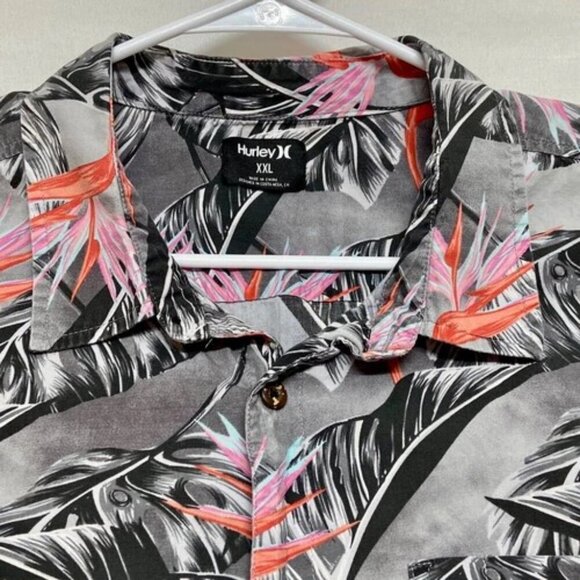 HURLEY Hawiian Button-Up Shirt Men's XXL Gray Floral Lightweight Casual Beach - Picture 3 of 10
